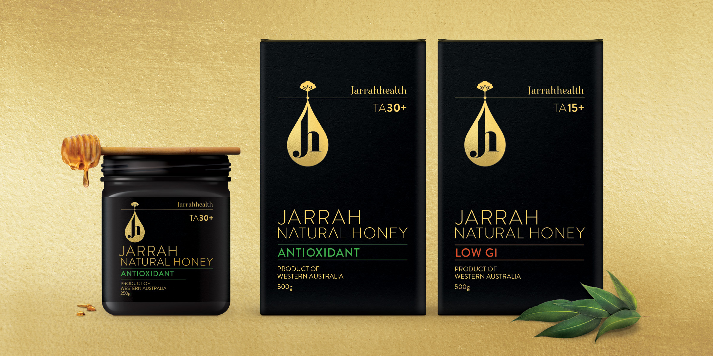 Jarrah Health Honey Boxer-and-Co-Jarrah-Health-Honey_Packaging-Design-Brand-Droplet-Range_Gold