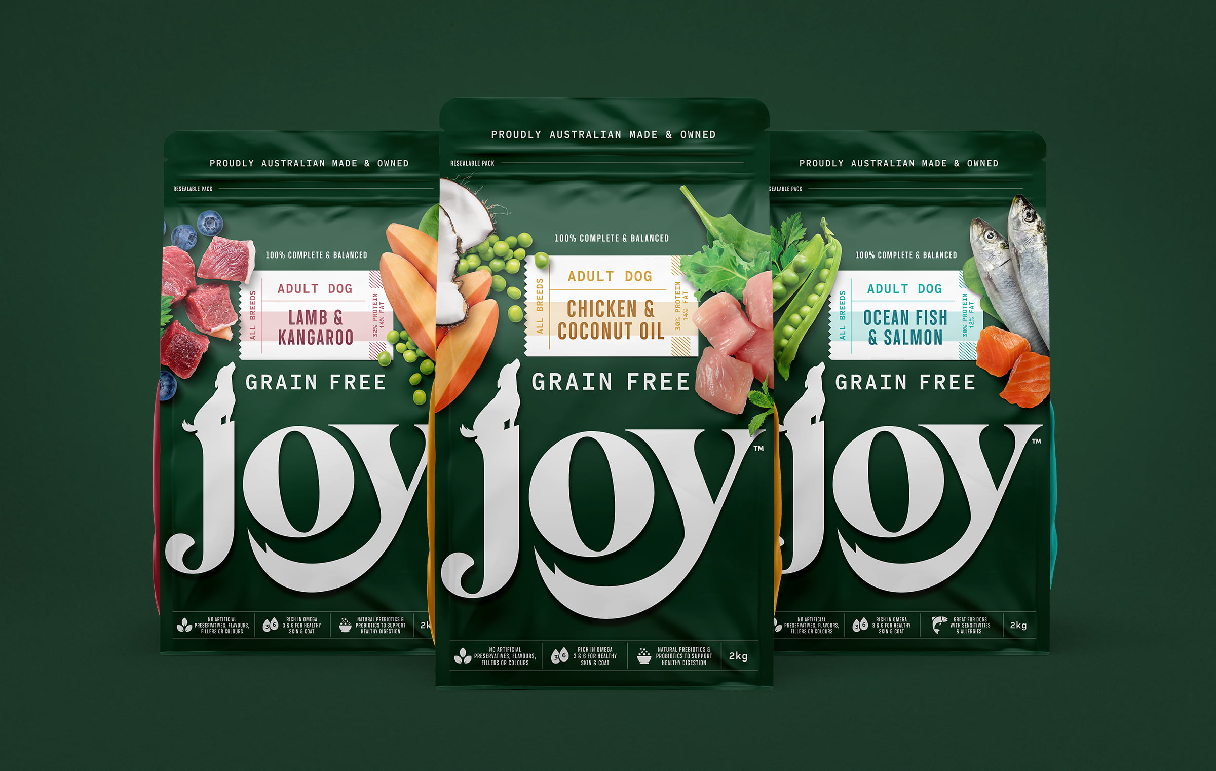 joy-dog-kibble-grain-free-green-packaging-design-brand-creation-australia-sydney-boxer-and-co-studios-marrickville-chicken-salmon-lamb
