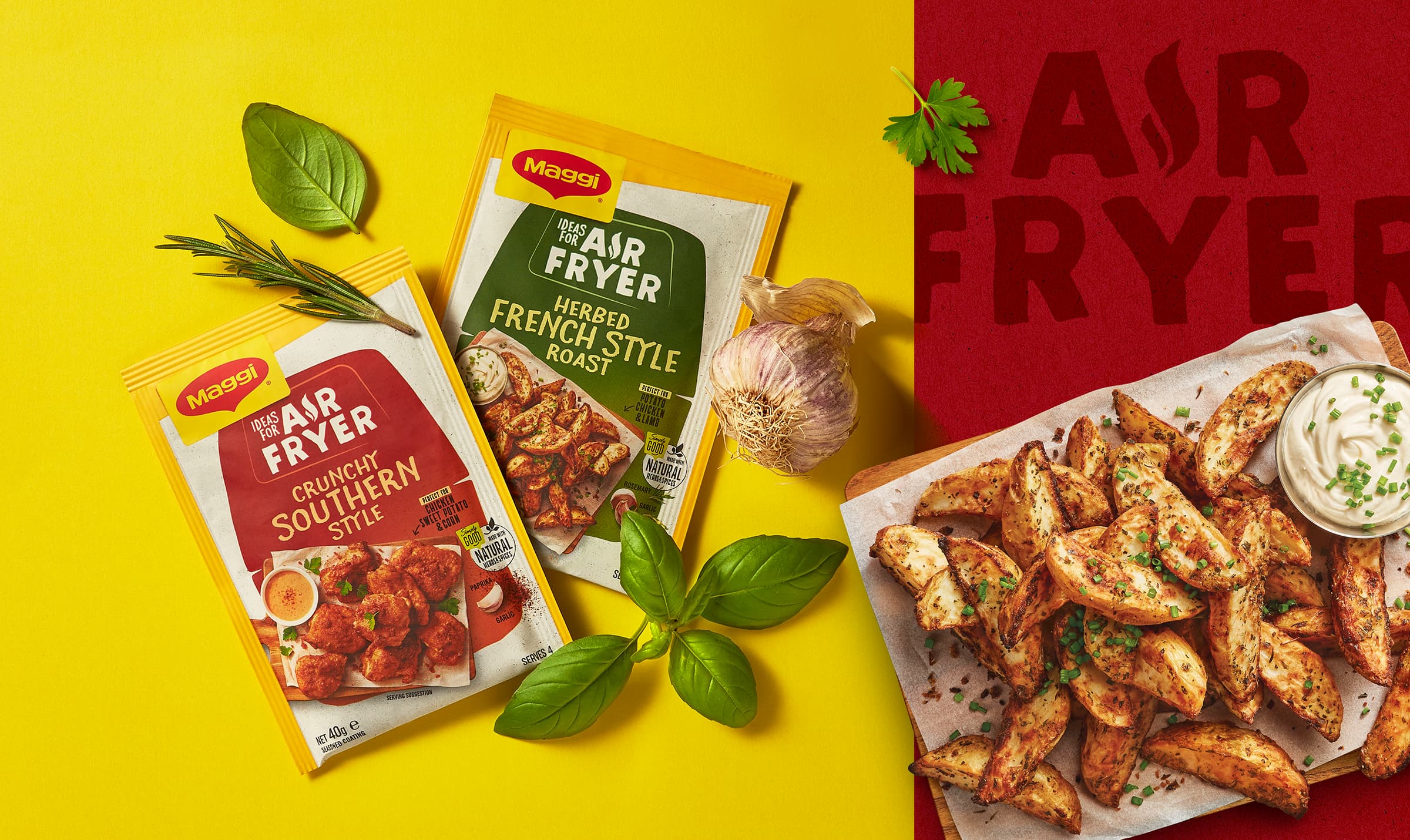 boxer-and-co-air-fryer-maggi-pack-packaging-redesign-design-crunchy-southern-style-herbed-french-style-roast-chicken-garlic-basil-rosemary-wedges-chips-dip