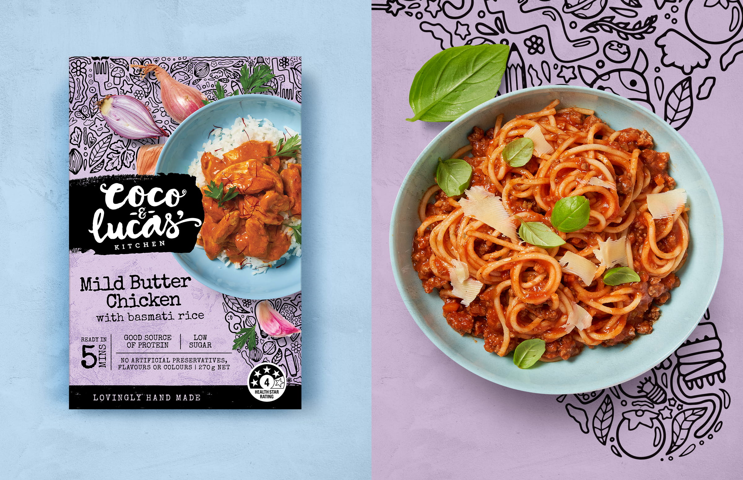 scribbles-kids-menu-meal-purple-pastels-bolognese-butter-chicken-packagng-design-rebrand-boxer-and-co